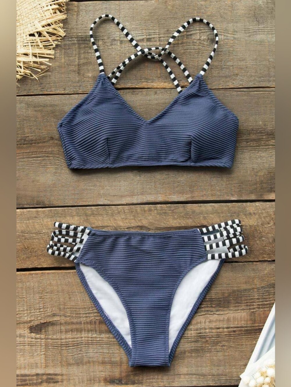 NWT | Cupshe Navy Blue Two-Piece Swim Set with Striped Trim | Small